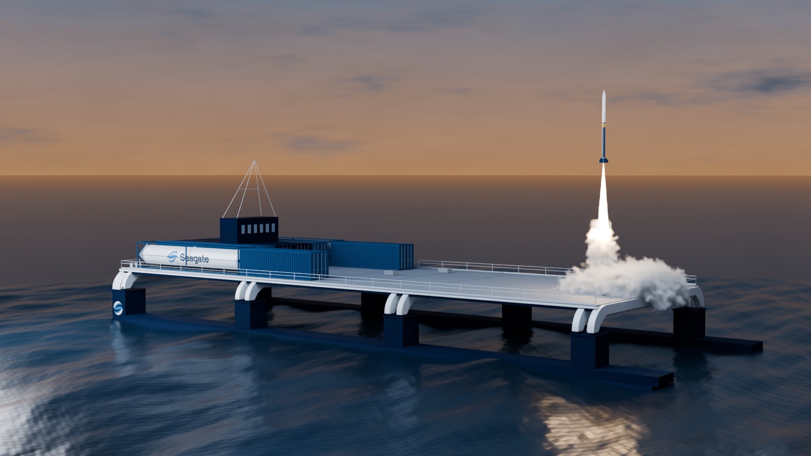 Sunrise concept render of Neptune lifting off from Seagate Space's Gateway-S platform, surrounded by ocean